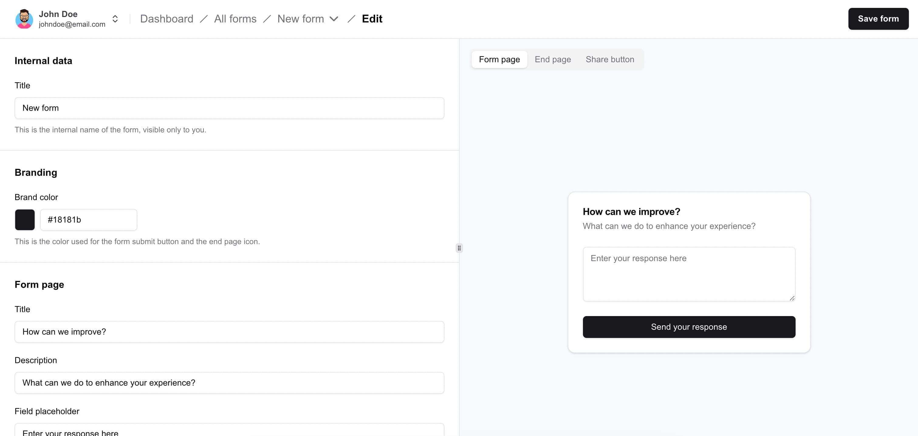 Screenshot of form edition